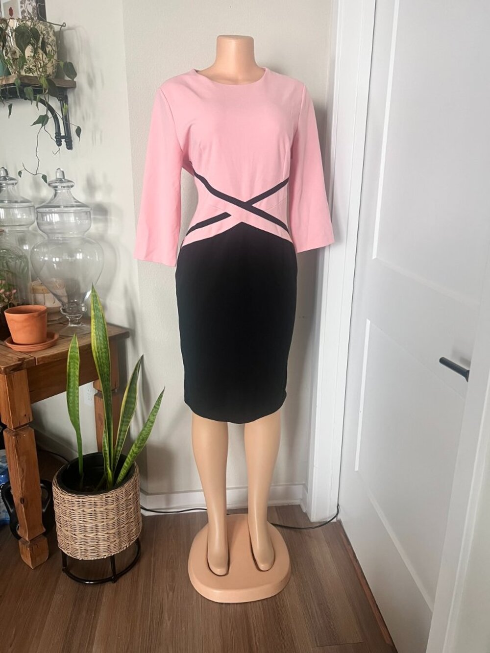 Allegra K Women's Peach Black Sheath Dress 3/4 Sleeve Knee Length Back Zip